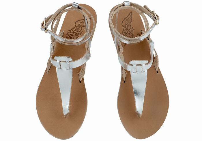 Sandale Cu Curea Pe Glezna Ancient Greek Sandals Estia Leather Dama Argintii | RSN6447UK