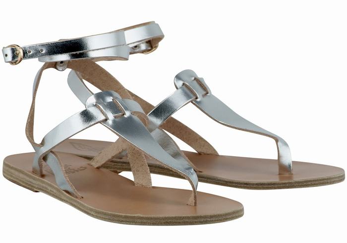 Sandale Cu Curea Pe Glezna Ancient Greek Sandals Estia Leather Dama Argintii | RSN6447UK