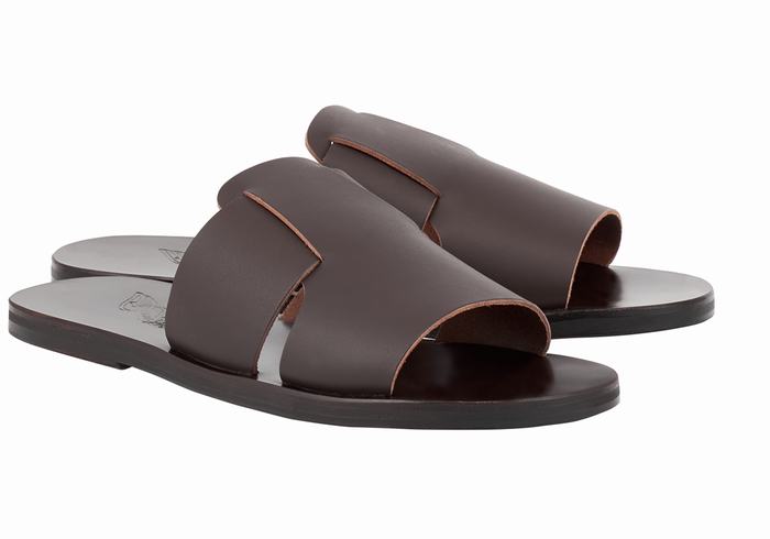 Sandale Slide Ancient Greek Sandals Miltiadis Leather Barbati Ciocolata | BUK9685TH