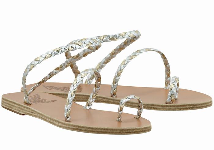 Sandale Împletite Ancient Greek Sandals Eleftheria Leather Dama Argintii Aurii Albi | ANE3651VS