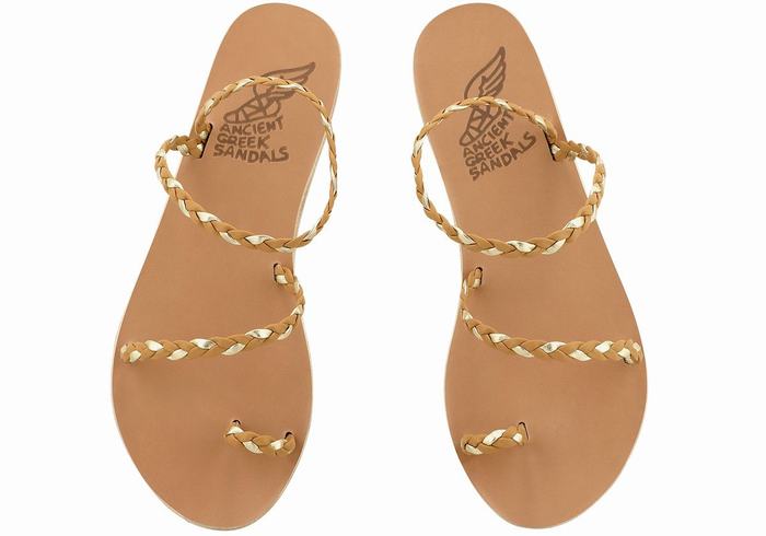 Sandale Împletite Ancient Greek Sandals Eleftheria Leather Dama Bej Aurii Albi | MVJ6526DV