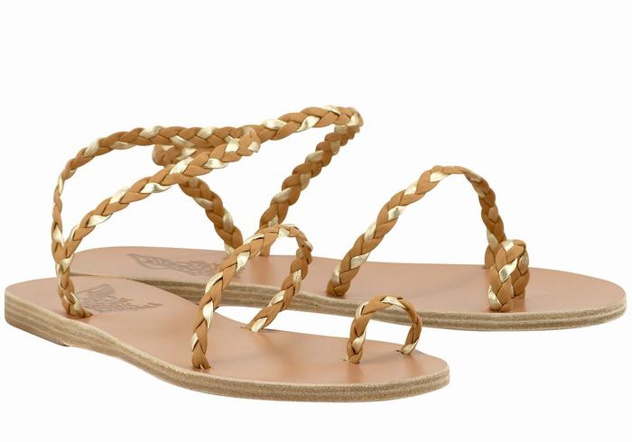 Sandale Împletite Ancient Greek Sandals Eleftheria Leather Dama Bej Aurii Albi | MVJ6526DV